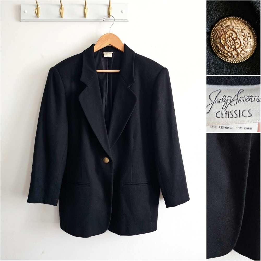 🖤 Vintage Jaclyn Smith Classic Black Wool Blazer Gold Button Size 16P Petite